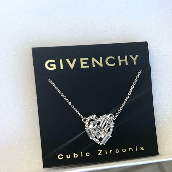GIVENCHY Silver Pave Round Baguette CZ Crystal Heart Pendant Necklace - Picture 6 of 9